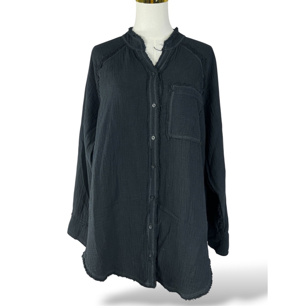 Aerie Womens Black Cotton Gauze Button Down Shirt Raw Edge Fringe Small A341